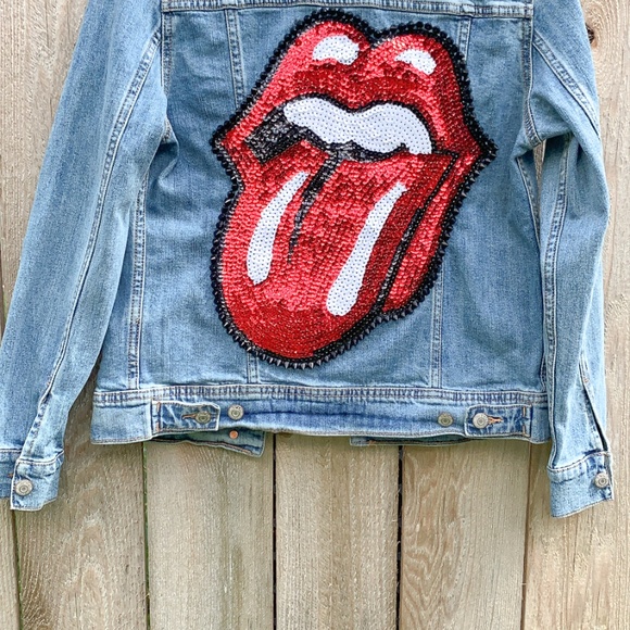 Red Sequin Rock and Roll Rolling Stones Tongue with Black Spikes Jean Jacket - Picture 2 of 4